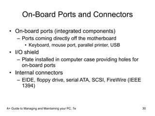 On-Board Ports and Connectors On-board ports (integrated components) Ports coming directly off the motherboard  Keyboard, mouse port, parallel printer, USB I/O shield Plate installed in computer case providing holes for on-board ports Internal connectors EIDE, floppy drive, serial ATA, SCSI, FireWire (IEEE 1394) A+ Guide to Managing and Maintaining your PC, 7e 