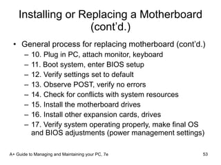 Installing or Replacing a Motherboard (cont’d.) General process for replacing motherboard (cont’d.) 10. Plug in PC, attach monitor, keyboard 11. Boot system, enter BIOS setup 12. Verify settings set to default 13. Observe POST, verify no errors 14. Check for conflicts with system resources 15. Install the motherboard drives 16. Install other expansion cards, drives 17. Verify system operating properly, make final OS and BIOS adjustments (power management settings) A+ Guide to Managing and Maintaining your PC, 7e 