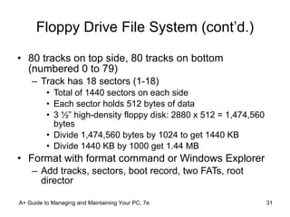 Floppy Drive File System (cont’d.) 80 tracks on top side, 80 tracks on bottom (numbered 0 to 79) Track has 18 sectors (1-18) Total of 1440 sectors on each side Each sector holds 512 bytes of data 3 ½” high-density floppy disk: 2880 x 512 = 1,474,560 bytes Divide 1,474,560 bytes by 1024 to get 1440 KB Divide 1440 KB by 1000 get 1.44 MB Format with format command or Windows Explorer  Add tracks, sectors, boot record, two FATs, root director A+ Guide to Managing and Maintaining Your PC, 7e 