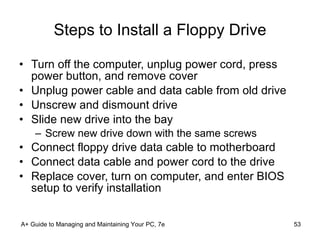 Steps to Install a Floppy Drive Turn off the computer, unplug power cord, press power button, and remove cover Unplug power cable and data cable from old drive Unscrew and dismount drive Slide new drive into the bay Screw new drive down with the same screws Connect floppy drive data cable to motherboard Connect data cable and power cord to the drive Replace cover, turn on computer, and enter BIOS setup to verify installation A+ Guide to Managing and Maintaining Your PC, 7e 
