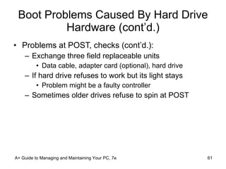 Boot Problems Caused By Hard Drive Hardware (cont’d.) Problems at POST, checks (cont’d.): Exchange three field replaceable units Data cable, adapter card (optional), hard drive If hard drive refuses to work but its light stays  Problem might be a faulty controller Sometimes older drives refuse to spin at POST A+ Guide to Managing and Maintaining Your PC, 7e 