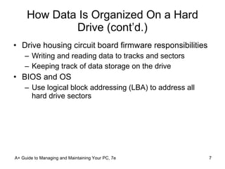 How Data Is Organized On a Hard Drive (cont’d.) Drive housing circuit board firmware responsibilities Writing and reading data to tracks and sectors Keeping track of data storage on the drive BIOS and OS Use logical block addressing (LBA) to address all hard drive sectors A+ Guide to Managing and Maintaining Your PC, 7e 