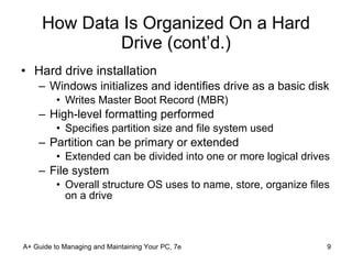 How Data Is Organized On a Hard Drive (cont’d.) Hard drive installation Windows initializes and identifies drive as a basic disk Writes Master Boot Record (MBR) High-level formatting performed Specifies partition size and file system used Partition can be primary or extended Extended can be divided into one or more logical drives File system Overall structure OS uses to name, store, organize files on a drive A+ Guide to Managing and Maintaining Your PC, 7e 