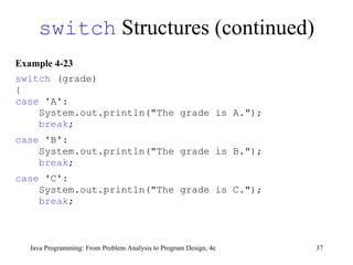 Example 4-23 switch  (grade) { case  'A':  System.out.println("The grade is A."); break ; case  'B':  System.out.println("The grade is B."); break ; case  'C':  System.out.println("The grade is C."); break ; switch  Structures (continued) Java Programming: From Problem Analysis to Program Design, 4e 