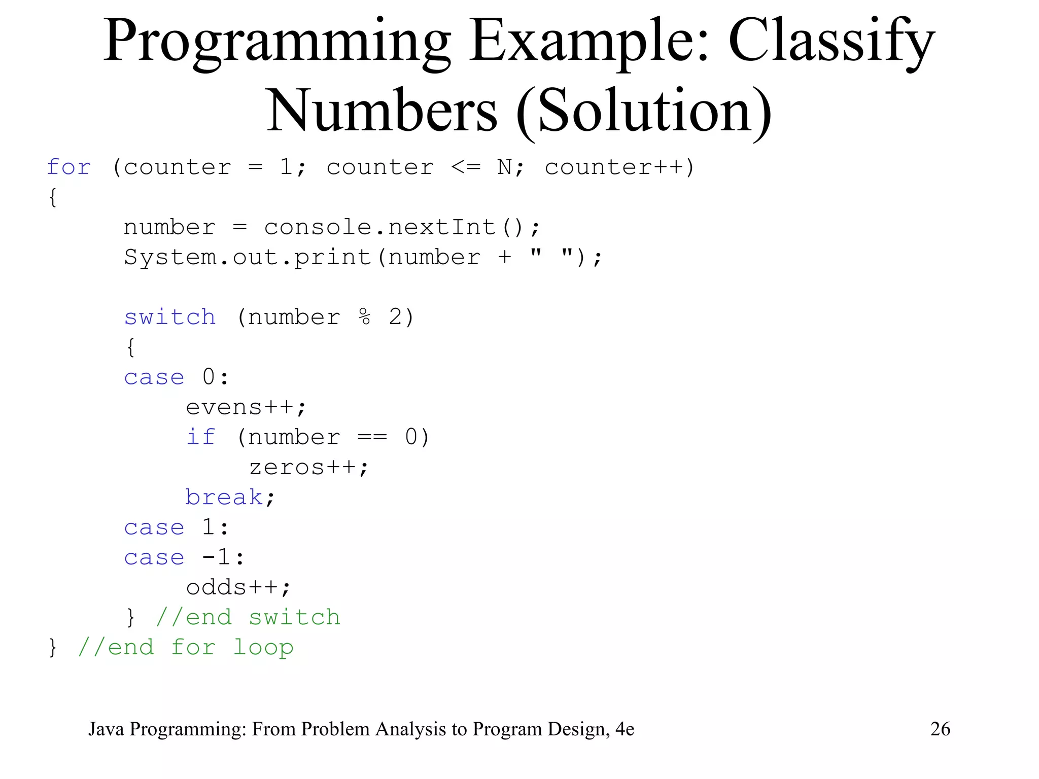 Programming Example: Classify Numbers (Solution) for  (counter = 1; counter <= N; counter++) { number = console.nextInt();  System.out.print(number + " ");  switch  (number % 2) { case  0:  evens++; if  (number == 0) zeros++; break ; case  1: case  -1:  odds++; }  //end switch }  //end for loop Java Programming: From Problem Analysis to Program Design, 4e 