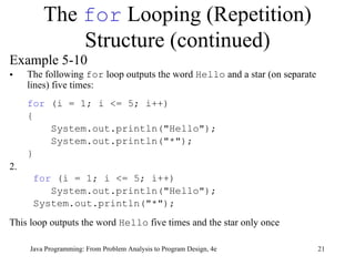The  for  Looping (Repetition) Structure (continued) Example 5-10 The following  for  loop outputs the word  Hello  and a star (on separate lines) five times: for  (i = 1; i <= 5; i++) {   System.out.println("Hello");   System.out.println("*"); } 2.   for  (i = 1; i <= 5; i++) System.out.println("Hello"); System.out.println("*"); This loop outputs the word  Hello  five times and the star only once Java Programming: From Problem Analysis to Program Design, 4e 