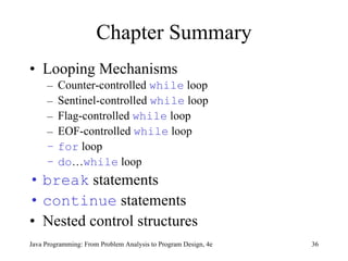 Chapter Summary Looping Mechanisms Counter-controlled  while  loop Sentinel-controlled  while  loop Flag-controlled  while  loop EOF-controlled  while  loop for  loop do … while  loop break  statements continue  statements Nested control structures Java Programming: From Problem Analysis to Program Design, 4e 