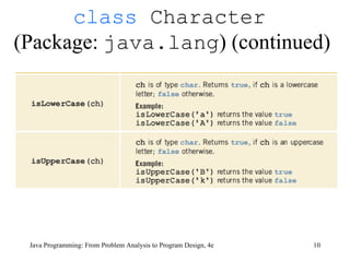 Java Programming: From Problem Analysis to Program Design, 4e class  Character   (Package:  java.lang ) (continued) 