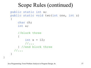 public static int  w; public static void  two( int  one,  int  z) { char  ch; int  a; //block three { int  x = 12; //... }  //end block three //... } } Scope Rules (continued) Java Programming: From Problem Analysis to Program Design, 4e 