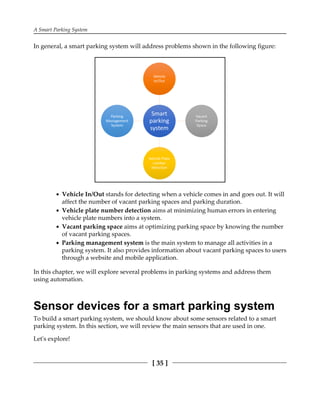 A Smart Parking System
[ 35 ]
In general, a smart parking system will address problems shown in the following figure:
Vehicle In/Out stands for detecting when a vehicle comes in and goes out. It will
affect the number of vacant parking spaces and parking duration.
Vehicle plate number detection aims at minimizing human errors in entering
vehicle plate numbers into a system.
Vacant parking space aims at optimizing parking space by knowing the number
of vacant parking spaces.
Parking management system is the main system to manage all activities in a
parking system. It also provides information about vacant parking spaces to users
through a website and mobile application.
In this chapter, we will explore several problems in parking systems and address them
using automation.
Sensor devices for a smart parking system
To build a smart parking system, we should know about some sensors related to a smart
parking system. In this section, we will review the main sensors that are used in one.
Let's explore!
 