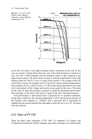 2.2 Photovoltaic Cells

19

Fig. 2.4 I–V curve of PV
module under different
irradiances and at different
temperatures [13]

across the cell when a very high resistance load is connected to the cell. In this
case no current is being drawn from the cell. If the load resistance is reduced to
zero, the cell is short-circuited and the resultant current in this situation is the
short-circuit current. The short-circuit current is directly proportional to the light
falling on the cell. The I–V curve is a plot of the current vs. the voltage of the cell
as the load is varied. An example of an I–V curve for various ambient temperatures
and insolation levels is shown in Fig. 2.4. The power being generated by the solar
cell is the product of the voltage and current at any point on the curve. The point
on the curve at which the product is greatest is called the maximum power point.
The resistance of the load at this point is equal to the cell’s internal resistance.
Cell performance is determined under a speciﬁed set of standard conditions.
Under these conditions, the ambient temperature is 25°C and the power density of
the incident solar radiation is 1 kW/m2 with a spectrum that is equivalent to
sunlight that has passed through the atmosphere when the sun is at a 42° elevation
from the horizon.

2.2.2 Types of PV Cell
There are three main categories of PV cells: (1) inorganic, (2) organic and
(3) photoelectrochemical. Of the inorganic type, three sub-types are commercially

 
