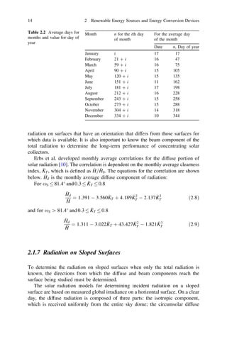 14

2 Renewable Energy Sources and Energy Conversion Devices

Table 2.2 Average days for
months and value for day of
year

Month

n for the ith day
of month

For the average day
of the month
Date

n, Day of year

January
February
March
April
May
June
July
August
September
October
November
December

i
21 ? i
59 ? i
90 ? i
120 ? i
151 ? i
181 ? i
212 ? i
243 ? i
273 ? i
304 ? i
334 ? i

17
16
16
15
15
11
17
16
15
15
14
10

17
47
75
105
135
162
198
228
258
288
318
344

radiation on surfaces that have an orientation that differs from those surfaces for
which data is available. It is also important to know the beam component of the
total radiation to determine the long-term performance of concentrating solar
collectors.
Erbs et al. developed monthly average correlations for the diffuse portion of
solar radiation [10]. The correlation is dependent on the monthly average clearness

 
index, KT , which is deﬁned as H=H0 . The equations for the correlation are shown

below. Hd is the monthly average diffuse component of radiation:

For xS 81:4 and 0:3 KT 0:8

Hd

2
3
 ¼ 1:391 À 3:560KT þ 4:189KT À 2:137KT
H
and for xS [ 81:4 and 0:3


KT

ð2:8Þ

0:8


Hd

2
3
 ¼ 1:311 À 3:022KT þ 43:427KT À 1:821KT
H

ð2:9Þ

2.1.7 Radiation on Sloped Surfaces
To determine the radiation on sloped surfaces when only the total radiation is
known, the directions from which the diffuse and beam components reach the
surface being studied must be determined.
The solar radiation models for determining incident radiation on a sloped
surface are based on measured global irradiance on a horizontal surface. On a clear
day, the diffuse radiation is composed of three parts: the isotropic component,
which is received uniformly from the entire sky dome; the circumsolar diffuse

 
