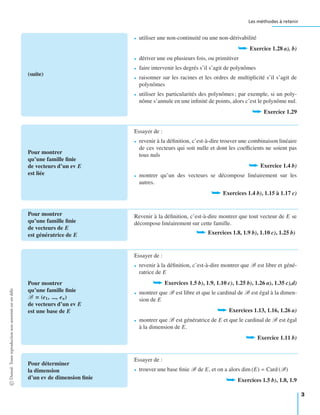 Les méthodes à retenir
(suite)
• utiliser une non-continuité ou une non-dérivabilité
➥ Exercice 1.28 a), b)
• dériver une ou plusieurs fois, ou primitiver
• faire intervenir les degrés s’il s’agit de polynômes
• raisonner sur les racines et les ordres de multiplicité s’il s’agit de
polynômes
• utiliser les particularités des polynômes; par exemple, si un poly-
nôme s’annule en une inﬁnité de points, alors c’est le polynôme nul.
➥ Exercice 1.29
Pour montrer
qu’une famille ﬁnie
de vecteurs d’un ev E
est liée
Essayer de :
• revenir à la déﬁnition, c’est-à-dire trouver une combinaison linéaire
de ces vecteurs qui soit nulle et dont les coeﬃcients ne soient pas
tous nuls
➥ Exercice 1.4 b)
• montrer qu’un des vecteurs se décompose linéairement sur les
autres.
➥ Exercices 1.4 b), 1.15 à 1.17 c)
Pour montrer
qu’une famille ﬁnie
de vecteurs de E
est génératrice de E
Revenir à la déﬁnition, c’est-à-dire montrer que tout vecteur de E se
décompose linéairement sur cette famille.
➥ Exercices 1.8, 1.9 b), 1.10 c), 1.25 b)
Pour montrer
qu’une famille ﬁnie
B = (e1, ..., en)
de vecteurs d’un ev E
est une base de E
Essayer de :
• revenir à la déﬁnition, c’est-à-dire montrer que B est libre et géné-
ratrice de E
➥ Exercices 1.5 b), 1.9, 1.10 c), 1.25 b), 1.26 a), 1.35 c),d)
• montrer que B est libre et que le cardinal de B est égal à la dimen-
sion de E
➥ Exercices 1.13, 1.16, 1.26 a)
• montrer que B est génératrice de E et que le cardinal de B est égal
à la dimension de E.
➥ Exercice 1.11 b)
Pour déterminer
la dimension
d’un ev de dimension ﬁnie
Essayer de :
• trouver une base ﬁnie B de E, et on a alors dim (E) = Card (B)
➥ Exercices 1.5 b), 1.8, 1.9
©Dunod.Toutereproductionnonautoriséeestundélit
3
 