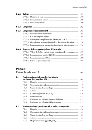 Table des matières XV




E-V.3     Calculs ..................................................................................................    389
          E-V.3.1 Données de base ......................................................................                389
          E-V.3.2 Fondations non armées ............................................................                    390
          E-V.3.3 Fondations armées ...................................................................                 390

E-V.4     Longrines .............................................................................................       393

E-V.5     Longrines de redressement ............................................................                        393
          E-V.5.1 Principe de fonctionnement .....................................................                      393
          E-V.5.2 Cas des longrines réelles ...........................................................                 394
          E-V.5.3 Prescription complémentaire d’Eurocode [9.8.3] .....................                                  395
          E-V.5.4 Organisation pratique des calculs et disposition des aciers .......                                   396
          E-V.5.5 Encombrement en hauteur des longrines de redressement .......                                         396

E-V.6     Annexe. Strictes prescriptions d’Eurocode .................................                                   397
          E-V.6.1 Valeur de l’effort vertical Nu ou pu/m à prendre en compte .....                                      397
          E-V.6.2 Fondations non armées [12.9.3] ..............................................                         397
          E-V.6.3 Fondations armées [9.8.2] ........................................................                    398
          E-V.6.4 Calcul au poinçonnement ........................................................                      401



Partie F
Exemples de calcul................................................................................                      405

F.1       Poutre rectangulaire en ﬂexion simple
          en classe d’exposition XC1 ..............................................................                     409
          F.1.1   Données ..................................................................................            411
          F.1.2         Convenance du prédimensionnement ......................................                         410
          F.1.3         Classe structurale et enrobage ..................................................               410
          F.1.4         Actions .....................................................................................   410
          F.1.5         RDM : diagrammes Mu et Vu ..................................................                    410
          F.1.6         Estimation de d ........................................................................        411
          F.1.7         Résistance aux effets du moment fléchissant ............................                        411
          F.1.8         Résistance aux effets de l’effort tranchant ................................                    415

F.2       Poutre continue, poutre en Té et aciers comprimés ................                                            420
          F.2.1   Données ..................................................................................            420
          F.2.2         Convenance du prédimensionnement ......................................                         421
          F.2.3         Classe structurale et enrobage ..................................................               421
          F.2.4         Actions .....................................................................................   421
          F.2.5         Diagrammes enveloppes Mu et Vu ...........................................                      421
 