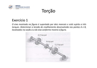 Torção
Exercício 1
O eixo mostrado na figura é suportado por dois mancais e está sujeito a três
torques. Determinar a tensão de cisalhamento desenvolvida nos pontos A e B,
localizados na seção a‐a do eixo conforme mostra a figura.
 