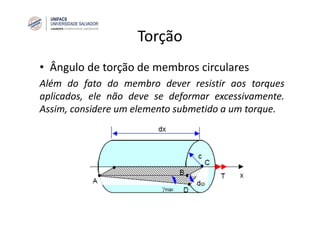 Torção
• Ângulo de torção de membros circulares
Além do fato do membro dever resistir aos torques
aplicados, ele não deve se deformar excessivamente.
Assim, considere um elemento submetido a um torque.
 