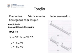 Torção
Elementos Estaticamente Indeterminados
Carregados com Torque
ØA/B = 0
Condição de 
Compatibilidade Necessária
TA LAC / JG ‐ TB LBC / JG = 0
TA = T (LBC / L)
TB = T (LAC / L)
 