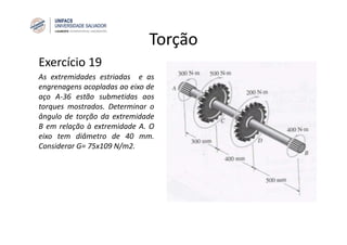 Torção
Exercício 19
As extremidades estriadas e as
engrenagens acopladas ao eixo de
aço A‐36 estão submetidas aos
torques mostrados. Determinar o
ângulo de torção da extremidade
B em relação à extremidade A. O
eixo tem diâmetro de 40 mm.
Considerar G= 75x109 N/m2.
 