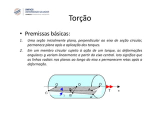 Torção
• Premissas básicas:
1. Uma seção inicialmente plana, perpendicular ao eixo de seção circular,
permanece plana após a aplicação dos torques.
2. Em um membro circular sujeito à ação de um torque, as deformações
angulares g variam linearmente a partir do eixo central. Isto significa que
as linhas radiais nos planos ao longo do eixo x permanecem retas após a
deformação.
 