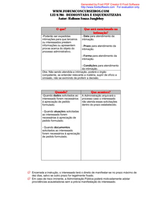 Generated by Foxit PDF Creator © Foxit Software
http://www.foxitsoftware.com For evaluation only.

WWW.FORUMCONCURSEIROS.COM
LEI 9.784 - DESMONTADA E ESQUEMATIZADA
Autor: Halisson Souza-Jungleboy
O que?
-Poderão ser expedidas
intimações para que terceiros
ou interessados prestem
informações ou apresentem
provas acerca do objeto do
processo administrativo.

Que será mencionado na
intimação?
- Data para atendimento da
intimação.
- Prazo para atendimento da
intimação.
- Forma para atendimento da
intimação.

- Condições para atendimento
da intimação.
Obs: Não sendo atendida a intimação, poderá o órgão
competente, se entender relevante a matéria, suprir de ofício a
omissão, não se eximindo de proferir a decisão.

Quando?
-Quando dados solicitados ao
interessado forem necessários
à apreciação de pedido
formulado.

Que acontece?
A Administração arquivará o
processo caso o interessado
não atenda essas solicitações
dentro do prazo estabelecido.

- Quando atuações solicitadas
ao interessado forem
necessárias à apreciação de
pedido formulado.
- Quando documentos
solicitados ao interessado
forem necessários à apreciação
de pedido formulado.

Û Encerrada a instrução, o interessado terá o direito de manifestar-se no prazo máximo de
dez dias, salvo se outro prazo for legalmente fixado.

Û Em caso de risco iminente, a Administração Pública poderá motivadamente adotar
providências acauteladoras sem a prévia manifestação do interessado.

 
