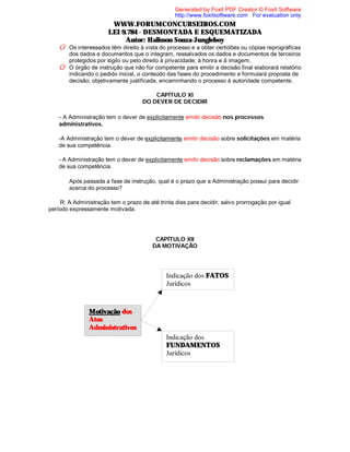 Generated by Foxit PDF Creator © Foxit Software
http://www.foxitsoftware.com For evaluation only.

WWW.FORUMCONCURSEIROS.COM
LEI 9.784 - DESMONTADA E ESQUEMATIZADA
Autor: Halisson Souza-Jungleboy
Û Os interessados têm direito à vista do processo e a obter certidões ou cópias reprográficas
dos dados e documentos que o integram, ressalvados os dados e documentos de terceiros
protegidos por sigilo ou pelo direito à privacidade, à honra e à imagem.
Û O órgão de instrução que não for competente para emitir a decisão final elaborará relatório
indicando o pedido inicial, o conteúdo das fases do procedimento e formulará proposta de
decisão, objetivamente justificada, encaminhando o processo à autoridade competente.
CAPÍTULO XI
DO DEVER DE DECIDIR

- A Administração tem o dever de explicitamente emitir decisão nos processos
administrativos.
-A Administração tem o dever de explicitamente emitir decisão sobre solicitações em matéria
de sua competência.
- A Administração tem o dever de explicitamente emitir decisão sobre reclamações em matéria
de sua competência.
⇒ Após passada a fase de instrução, qual é o prazo que a Administração possui para decidir
acerca do processo?
R: A Administração tem o prazo de até trinta dias para decidir, salvo prorrogação por igual
período expressamente motivada.

CAPÍTULO XII
DA MOTIVAÇÃO

Indicação dos FATOS
Jurídicos

Motivação dos
Atos
Administrativos
Indicação dos
FUNDAMENTOS
Jurídicos

 