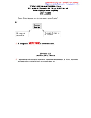 Generated by Foxit PDF Creator © Foxit Software
http://www.foxitsoftware.com For evaluation only.

WWW.FORUMCONCURSEIROS.COM
LEI 9.784 - DESMONTADA E ESQUEMATIZADA
Autor: Halisson Souza-Jungleboy
CAPÍTULO XVII
DAS SANÇÕES

⇒ Quais são os tipos de sanções que podem ser aplicadas?
R:
Tipos de
Sanções
De natureza
pecuniária

Obrigação de fazer ou
de não fazer

Û É assegurado SEMPRE o direito de defesa.

CAPÍTULO XVIII
DAS DISPOSIÇÕES FINAIS

Û Os processos administrativos específicos continuarão a reger-se por lei própria, aplicandose-lhes apenas subsidiariamente os preceitos desta Lei.

 