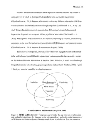 Monahan 32
Because behavioral issues have a major impact on academic success, it is crucial to
consider ways in which to distinguish between behavioral and mental impairments
(Gharibzadeh et al., 2010). Because all treatment options are different, diagnosing ADHD as
well as comorbid disorders becomes increasingly important (Gharibzadeh et al., 2010). One
study designed a decision support system to help differentiate between behaviors and
improve the diagnostic accuracy and aid in a psychiatrist’s decision (Gharibzadeh et al.,
2010). Although this study comments on the ineffective reporting by teachers, another study
comments on the need for teacher involvement in the ADHD diagnosis and treatment process
(Gharibzadeh et al., 2010; Sherman, Rausmussen & Baydala, 2008).
Teachers who were patient, showed positive behavior, engaged students and seemed
to be well-informed on ADHD and treatment interventions proved to have a positive impact
on the student (Sherman, Rausmussen & Baydala, 2008). However, it is still crucial to bridge
the gap between the school setting, psychological and medical fields (Graham, 2008). Figure
1 displays a potential model for overlapping systems.
Medicine Interdependency Psychology
Multi-modal
Treatment
Schooling
From Sherman, Rausmussen & Baydala, 2008
Figure 1. ADHD and Reciprocity. There is a need to bridge the gap between psychological
and medical professionals. By focusing on the interdependency and multi-modal treatment of
ADHD as factors that contribute to both the medical and psychological field, the treatment
 
