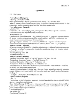 Monahan 46
Appendix D
STP Point System
Positive Interval Categories
Following Activity Rules +50
Good Sportsmanship +25 good sports only counts during RECs and Skill Drills
Behavior Bonus +25 a client can only get points for behavior bonus in the set interval as long
as they have not lost points for negative verbal and physical categories
Positive Frequency Categories
Attention +10
Compliance +10 a child will get points for compliance if they follow up with a command
within 10 seconds after it being asked by a counselor
Helping a Peer +10
Contributing to Group Discussion +10 a child will get points for group discussion as long as
the answer pertains to the question and has not already been said. Most contributions are
made when counselors ask the rules for set activities.
Ignoring a Negative Stimulus +25 whenever a child directs a negative verbal or physical
action toward another peer and that peer does not react, he/she earns +25 for ignoring
Negative Interval Categories
On most occasions, a child will be called for violating activity rules and poor sportsmanship.
All negative verbal and physical points should also be deducted along with violating activity
rules and poor sports
Violating Activity Rules -10
Poor Sportsmanship -10
Negative Physical Categories
Intentional Aggression Toward a Peer/Staff Member -50 *and a time out
Unintentional Aggression Toward a Peer/Staff Member -50
Intentional Destruction of Property -50 *and a time out
Unintentional Destruction of Property -50 *and a time out
Noncompliance -20 Whenever a child does not follow up with a command from a counselor
he/she will lose points for noncompliance
Repeated Noncompliance -20 points *and a time out When a counselor repeats the command
and the child does not comply, he/she will lose points again and must be assigned a time out.
Stealing -50
Leaving the Activity Area Without Permission -50
Negative Verbal Categories
Lying -20
Verbal Abuse to Staff -20 on most occasions, verbal abuse to staff relates to any child talking
back to a counselor or staff member.
Name Calling/Teasing -20 Whenever a child name calls/teases another peer, he/she will lose
points for this negative verbal category. If the other child does not react, he/she will earn 25
points for Ignoring a Negative Stimulus
Cursing Swearing -20
Interruption -20
Complaining/Whining -20
 
