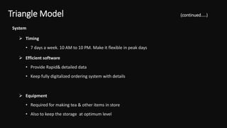 System
 Timing
• 7 days a week. 10 AM to 10 PM. Make it flexible in peak days
 Efficient software
• Provide Rapid& detailed data
• Keep fully digitalized ordering system with details
 Equipment
• Required for making tea & other items in store
• Also to keep the storage at optimum level
Triangle Model (continued…..)
 
