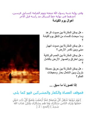 ،‫فرسين‬ ‫كتسابق‬ ‫القيامة‬ ‫ويوم‬ ‫مبعثه‬ ‫هللا‬ ‫رسول‬ ‫شبه‬ ‫رواية‬ ‫وفي‬
‫اآلخر‬ ‫قبل‬ ‫رأسه‬ ‫مد‬ ‫السباق‬ ‫خط‬ ‫نهاية‬ ‫في‬ ‫أحدهما‬
‫يلي‬ ‫كما‬ ‫فهو‬ ‫والمشركين‬ ‫والكفار‬ ‫العصاة‬ ‫فموقف‬
{َ‫و‬ ْ‫ت‬َ‫ع‬َ‫ض‬ْ‫ر‬َ‫أ‬ ‫ا‬‫ه‬‫م‬َ‫ع‬ ٍ‫ة‬َ‫ع‬ِ‫ض‬ْ‫ر‬ُ‫م‬ ُّ‫ل‬ُ‫ك‬ ُ‫ل‬َ‫ه‬ْ‫ذ‬َ‫ت‬ ‫َا‬‫ه‬َ‫ن‬ْ‫و‬َ‫ر‬َ‫ت‬ َ‫م‬ْ‫و‬َ‫ي‬ٍ‫ل‬ْ‫م‬َ‫ح‬ ِ‫ت‬‫ا‬َ‫ذ‬ ُّ‫ل‬ُ‫ك‬ ُ‫ع‬َ‫ض‬َ‫ت‬
ِ ‫ه‬‫اَّلل‬ َ‫اب‬َ‫ذ‬َ‫ع‬ ‫ه‬‫ن‬ِ‫ك‬َ‫َل‬‫و‬ ‫ى‬َ‫ر‬‫ا‬َ‫ك‬ ُ‫س‬ِ‫ب‬ ‫م‬ُ‫ه‬ ‫َا‬‫م‬َ‫و‬ ‫ى‬َ‫ر‬‫ا‬َ‫ك‬ ُ‫س‬ َ‫اس‬‫ه‬‫ن‬‫ال‬ ‫ى‬َ‫ر‬َ‫ت‬َ‫و‬ ‫َا‬‫ه‬َ‫ل‬ْ‫َم‬‫ح‬
: ‫[الحج‬ } ٌ‫د‬‫ي‬ِ‫د‬ َ‫ش‬2]
 