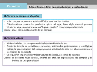 11. Turismo de compras o shopping
• Ir de compras supone una actividad lúdica para muchos turistas
• El turista desea conocer los productos típicos del lugar, llevar algún souvenir para no
olvidar su viaje, o comprar en esos “lugares baratos” conocidos popularmente
Cliente: aquel consumista amante de las compras
12. Turismo urbano
• Visitar ciudades con una gran variedad de atractivos turísticos
• Creciente interés en actividades culturales, actividades gastronómicas y enológicas
típicas, la generalización del shopping como actividad de ocio y el abaratamiento en
los medios de transporte
• Se requieren importantes infraestructuras de acceso, así como de estancia
Cliente: es de cierto nivel cultural, amante del arte, los espectáculos, las compras y el
bullicio de una gran ciudad
3. Identificación de las tipologías turísticas y sus tendencias
 