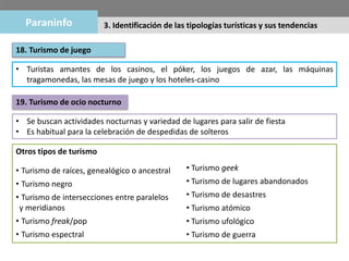 18. Turismo de juego
• Turistas amantes de los casinos, el póker, los juegos de azar, las máquinas
tragamonedas, las mesas de juego y los hoteles-casino
19. Turismo de ocio nocturno
• Se buscan actividades nocturnas y variedad de lugares para salir de fiesta
• Es habitual para la celebración de despedidas de solteros
Otros tipos de turismo
• Turismo de raíces, genealógico o ancestral
• Turismo negro
• Turismo de intersecciones entre paralelos
y meridianos
• Turismo freak/pop
• Turismo espectral
• Turismo geek
• Turismo de lugares abandonados
• Turismo de desastres
• Turismo atómico
• Turismo ufológico
• Turismo de guerra
3. Identificación de las tipologías turísticas y sus tendencias
 