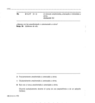 l.P.D.E.___________________________________
78. 012? 012 A menudo amedrentaba, amenazaba o intimidaba a
otros.
Antisocial: C.l
¿Alguna vez ha amedrentado o amenazado a otros?
Resp. SI: Hábleme de ello.
2 Frecuentemente amedrentaba o amenazaba a otros.
t Ocasionalmente amedrentaba o amenazaba a otros.
o Rara vez o nunca amedrentaba o amenazaba a otros.
176 ENTREVISTA IPDE
Ocurrió exclusivamente durante el curso de una esquizofrenia o de un episodio
maníaco.
 