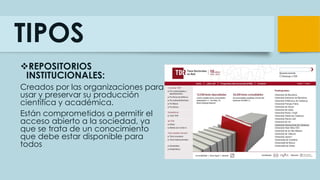 TIPOS
REPOSITORIOS
INSTITUCIONALES:
Creados por las organizaciones para
usar y preservar su producción
científica y académica.
Están comprometidos a permitir el
acceso abierto a la sociedad, ya
que se trata de un conocimiento
que debe estar disponible para
todos
 
