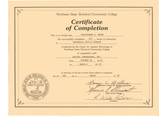 Northeast State Technical Community College
Certificate
of Completion
This is to Certify that CHRISTOPHER A. BROWN
has successfully completed no hours of instruction
in INDUSTRIAL SKILLS UPGRADE
conducted by the Center for Applied Technology of
Northeast State Technical Community College
in cooperation with
BRISTOL COMPRESSORS, INC.
from OCTOBER 26 19 92, --
to ~~-- --- -MAl{Ctl 2 , 19~ .
In testimony of this fact we have hereto affixed our signatures
this the 2ND day of MARCH ,19 93.
President
 