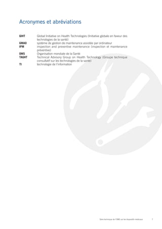 Acronymes et abréviations

GIHT	    Global Initiative on Health Technologies (Initiative globale en faveur des
         technologies de la santé)
GMAO	    système de gestion de maintenance assistée par ordinateur
IPM	     inspection and preventive maintenance (inspection et maintenance
         préventive)
OMS	     Organisation mondiale de la Santé
TAGHT	   Technical Advisory Group on Health Technology (Groupe technique
         consultatif sur les technologies de la santé)
TI	      technologie de l’information




                                                            Série technique de l’OMS sur les dispositifs médicaux   7
 