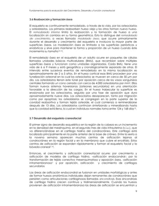 Fundamentos para la evaluación del Crecimiento, Desarrollo y Función craneofacial
3.6 Reabsorción y formación ósea
El esqueleto es continuamente remodelado, a través de la vida, por los osteoclastos
y osteoblastos. Los primeros reabsorben hueso viejo y los otros forman nuevo hueso.
El remodelado interno limita la reabsorción y la formación de hueso a una
localización sin cambios en su forma geométrica. Esto lo distingue del remodelado
de crecimiento, a veces llamado modelado óseo, que ocurre primariamente
durante el desarrollo y crecimiento del esqueleto e involucra la mayor parte de
superficies óseas. La modelación ósea es limitada a las superficies periósticas y
endósticas y sirve para mantener la forma y proporción de un hueso cuando éste
incrementa su tamaño13,14.
El remodelado óseo en el esqueleto de un adulto ocurre en paquetes de células
llamados unidades básicas multicelulares (BMU), que recambian sobre múltiples
superficies óseas y funcionan como unidades organizadas. Cada BMU, tiene una
vida de 6 a 9 meses y está geográfica y cronológicamente separada de otras. El
intervalo entre sucesivos eventos de remodelado en la misma localización es
aproximadamente de 2 a 5 años. En el hueso cortical esas BMU proceden por una
tunelización osteonal en la cual los osteoclastos se mueven en cerca de 50 μm por
día. Los osteoblastos llenan este túnel por aposición cerca de los vasos sanguíneos
centrales formando un cono cerrado con cerca de 4.000 osteoblastos por mm2. Ellos
forman nuevos sistemas haversianos (osteones secundarios) en una orientación
favorable a la dirección de las cargas. En el hueso trabecular la superficie es
erosionada por los osteoclastos, seguida por una fase de aposición que dura
aproximadamente nueve días. Los osteoclastos desaparecen, tanto por migración
como por apoptosis; los osteoblastos se congregan en la parte superior de la
cavidad reabsortiva y forman tejido osteoide, el cual comienza a remineralizarse
después de 13 días. Los osteoblastos continúan sintetizando y mineralizando hasta
que la cavidad está llena, lo cual en individuos normales toma entre 124 y 168 días13.
3.7 Desarrollo del esqueleto craneofacial
El primer signo de desarrollo esquelético en la región de la cabeza es un incremento
en la densidad del mesénquima, en el segundo mes de vida intrauterina (v.i.u.), que
va diferenciándose en el cartílago hialino del condrocráneo. Este cartílago está
localizado principalmente en la parte anterior de la base de cráneo. Entre la sexta a
la novena semana aparecen muchos centros de osificación lejanos al
condrocráneo en la región facial y en la membrana que cubre el encéfalo. Estos
centros de osificación se expanden rápidamente y forman el esqueleto facial y la
bóveda craneal1,14.
Entonces, el crecimiento y osificación craneofacial ocurre: por crecimiento y
osificación de modelos de cartílago hialino, –osificación endocondral-; por la
transformación de tejido conectivo mesenquimatoso y aposición ósea, -osificación
intramembranosa1- y por aparición, osificación y crecimiento de cartílagos
secundarios.
Las áreas de osificación endocondral se fusionan en unidades morfológicas y antes
de formar huesos anatómicos individuales dejan remanentes de condrocráneo que
persisten como articulaciones cartilaginosas llamadas sincondrosis. Esas sincondrosis
de cartílago hialino crecen continua y tridimensionalmente. Cuando los huesos
provienen de osificación intramembranosa las áreas de osificación se encuentran y
9
 