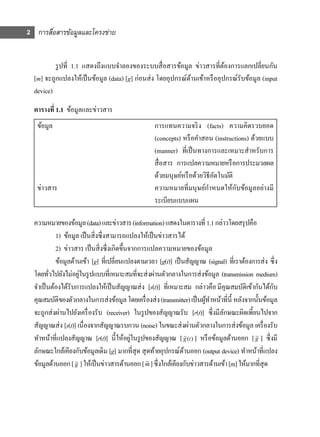 2 การสือสารข้อมูลและโครงข่าย
       ่


          รู ปที่ 1.1 แสดงถึงแบบจําลองของระบบสื่ อสารข้อมูล ข่าวสารที่ตองการแลกเปลี่ยนกัน
                                                                           ้
  [m] จะถูกแปลงให้เป็ นข้อมูล (data) [g] ก่อนส่ ง โดยอุปกรณ์ดานเข้าหรื ออุปกรณ์รับข้อมูล (input
                                                             ้
  device)
  ตารางที่ 1.1 ข้อมูลและข่าวสาร
   ข้อมูล                                            การแทนความจริ ง (facts) ความคิดรวบยอด
                                                     (concepts) หรื อคําสอน (instructions) ด้วยแบบ
                                                     (manner) ที่เป็ นทางการและเหมาะสําหรับการ
                                                     สื่ อสาร การแปลความหมายหรื อการประมวลผล
                                                     ด้วยมนุษย์หรื อด้วยวิธีอตโนมัติ
                                                                             ั
   ข่าวสาร                                                                 ํ         ั
                                                     ความหมายที่มนุ ษย์กาหนดให้กบข้อมูลอย่างมี
                                                     ระเบียบแบบแผน

  ความหมายของข้อมูล (data) และข่าวสาร (information) แสดงในตารางที่ 1.1 กล่าวโดยสรุ ปคือ
            1) ข้อมูล เป็ นสิ่ งซึ่งสามารถแปลงให้เป็ นข่าวสารได้
            2) ข่าวสาร เป็ นสิ่ งซึ่งเกิดขึ้นจากการแปลความหมายของข้อมูล
            ข้อมูลด้านเข้า [g] ที่เปลี่ยนแปลงตามเวลา [g(t)] เป็ นสัญญาณ (signal) ที่เราต้องการส่ ง ซึ่ ง
                      ่
  โดยทัวไปยังไม่อยูในรู ปแบบที่เหมาะสมที่จะส่ งผ่านตัวกลางในการส่ งข้อมูล (transmission medium)
          ่
  จําเป็ นต้องได้รับการแปลงให้เป็ นสัญญาณส่ ง [s(t)] ที่เหมาะสม กล่าวคือ มีคุณสมบัติเข้ากันได้กบ       ั
  คุณสมบัติของตัวกลางในการส่ งข้อมูล โดยเครื่ องส่ ง (transmitter) เป็ นผูทาหน้าที่น้ ี หลังจากนั้นข้อมูล
                                                                          ้ ํ
  จะถูกส่ งผ่านไปยังเครื่ องรับ (receiver) ในรู ปของสัญญาณรับ [r(t)] ซึ่ งมีลกษณะผิดเพี้ยนไปจาก
                                                                                ั
  สัญญาณส่ ง [s(t)] เนื่ องจากสัญญาณรบกวน (noise) ในขณะส่ งผ่านตัวกลางในการส่ งข้อมูล เครื่ องรับ
                                              ่
  ทําหน้าที่แปลงสัญญาณ [r(t)] นี้ ให้อยูในรู ปของสัญญาณ [ g (t ) ] หรื อข้อมูลด้านออก [ g ] ซึ่ งมี
                                                                 ~                             ~

  ลักษณะใกล้เคียงกับข้อมูลเดิม [g] มากที่สุด สุ ดท้ายอุปกรณ์ดานออก (output device) ทําหน้าที่แปลง
                                                                 ้
  ข้อมูลด้านออก [ g ] ให้เป็ นข่าวสารด้านออก [ m ] ซึ่งใกล้เคียงกับข่าวสารด้านเข้า [m] ให้มากที่สุด
                    ~                              ~
 