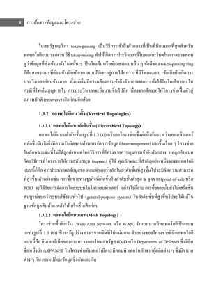 8 การสือสารข้อมูลและโครงข่าย
       ่


           ในสหรัฐอเมริ กา token-passing เป็ นวิธีการเข้าถึงตัวกลางที่เป็ นที่นิยมมากที่สุดสําหรับ
  ทอพอโลยีแบบวงแหวน วิธี token-passing ทําให้เกิดการประวิงเวลาที่โนดแต่ละโนดในการตรวจสอบ
  ดูว่าข้อมูลที่ส่งเข้ามายังโนดนั้น ๆ เป็ นโทเค็นหรื อข่าวสารแบบอื่น ๆ ข้อดีของ token-passing ring
  ก็คือสมรรถนะที่ค่อนข้างมีเสถียรภาพ แม้ว่าจะอยูภายใต้สภาวะที่มีโหลดมาก ข้อเสี ยคือเกิดการ
                                                      ่
  ประวิงเวลาค่อนข้างมาก ตั้งแต่เริ่ มมีความต้องการเข้าถึงตัวกลางจนกระทังได้รับโทเค็น และใน
                                                                             ่
  กรณี ที่โทเค็นสู ญหายไป การประวิงเวลาจะยิงนานขึ้นไปอีก เนื่องจากต้องรอให้โครงข่ายฟื้ นตัวสู่
                                                 ่
  สภาพปกติ (recovery) เสี ยก่อนอีกด้วย

           1.3.2 ทอพอโลยีแนวตั้ง (Vertical Topologies)
              1.3.2.1 ทอพอโลยีแบบลําดับชั้น (Hierarchical Topology)
              ทอพอโลยีแบบลําดับชั้น (รู ปที่ 1.3 (a)) อธิ บายโครงข่ายซึ่งต่อถึงกันระหว่างคอมพิวเตอร์
  หลักซึ่งนับวันยิงมีความรับผิดชอบด้านการจัดการข้อมูล (data management) มากขึ้นเรื่ อย ๆ โครงข่าย
                     ่
  ในลักษณะเช่นนี้ ไม่ได้ถูกกําหนดโดยวิธีการที่โครงข่ายควบคุมการเข้าถึงตัวกลาง แต่ถูกกําหนด
  โดยวิธีการที่โครงข่ายให้การสนับสนุน (support) ผูใช้ คุณลักษณะที่สาคัญอย่างหนึ่งของทอพอโลยี
                                                         ้                   ํ
            ็
  แบบนี้กคือ การประมวลผลข้อมูลของคอมพิวเตอร์หลักในลําดับชั้นที่สูงขึ้นไปจะมีขีดความสามารถ
  ที่สูงขึ้น ตัวอย่างเช่น การซื้อขายทางธุรกิจที่เกิดขึ้นในลําดับชั้นตํ่าสุ ด ณ จุดขาย (point-of-sale หรื อ
  POS) จะได้รับการจัดการโดยระบบไมโครคอมพิวเตอร์ อย่างไรก็ตาม การซื้อขายนั้นยังไม่เสร็ จสิ้ น
  สมบูรณ์จนกว่าระบบใช้งานทัวไป (general-purpose system) ในลําดับชั้นที่สูงขึ้นไปจะได้แก้ไข
                                    ่
  ฐานข้อมูลสิ นค้าคงคลังให้เสร็ จสิ้ นเสี ยก่อน
              1.3.2.2 ทอพอโลยีแบบเมช (Mesh Topology)
              โครงข่ายพื้นที่กว้าง (Wide Area Network หรื อ WAN) จํานวนมากมีทอพอโลยีเป็ นแบบ
  เมช (รู ปที่ 1.3 (b)) ซึ่ งจะมีรูปร่ างทางเรขาคณิ ตที่ไม่แน่นอน ตัวอย่างของโครงข่ายที่มีทอพอโลยี
  แบบนี้คือ อินเทอร์เน็ตของกระทรวงกลาโหมสหรัฐฯ (DoD หรื อ Department of Defense) ซึ่งมีอีก
  ชื่อหนึ่ งว่า ARPANET ในโครงข่ายอินเทอร์ เน็ตจะมีคอมพิวเตอร์หลักจากผูผลิตต่าง ๆ ซึ่งมีขนาด
                                                                                   ้
  ต่าง ๆ กัน แลกเปลี่ยนข้อมูลซึ่งกันและกัน
 