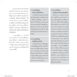 5
ตามแบบจำ�ลองของแชนนัน
และวีเวอร์ (Shannon and Weaver)
นอกจากจะมองถึงองค์ประกอบ
พื้นฐานของการสื่อสารเช่นเดียวกับ
เบอร์โลแล้ว ยังให้ความสำ�คัญกับ “สิ่ง
รบกวน (Noise)” เพราะการสื่อสาร
หากมีสิ่งรบกวนเกิดขึ้นจะเป็นอุปสรรค
ต่อการสื่อสาร เช่น ถ้าอาจารย์ใช้ภาพ
เป็นสื่อการสอนแต่ภาพนั้นไม่ชัดเจน
หรือเล็กเกินไป ผู้เรียนจะเห็นไม่ชัดเจน
ทำ�ให้ไม่เข้าใจ
จากทฤษฎีต่าง ๆ ข้างต้น
สามารถสร้างความเข้าใจพื้นฐาน
ของการสื่อสาร รวมถึงองค์ประกอบ
ที่ ทำ � ใ ห้ ก า ร สื่ อ ส า ร ส ม บู ร ณ์ ไ ด้
การสื่อสารมีความสำ�คัญต่อมนุษย์
อย่างยิ่ง โดยแบ่งความสำ�คัญออกได้
5 ประการดังนี้
1.	ความสำ�คัญ
	ต่อความเป็นสังคม
	 การที่มนุษย์จะอยู่ร่วมกันเป็น
กลุ่มเป็นสังคมได้ จำ�เป็นต้องอาศัย
การสื่อสารเป็นพื้นฐาน เพราะการ
สื่อสารทำ�ให้เกิดความเข้าใจและ
ทำ�ความตกลงกันได้ ติดต่อสื่อสาร
เพื่อสร้างระเบียบของสังคมให้
เป็นที่ยอมรับระหว่างสมาชิก เพื่อ
จะได้อยู่ร่วมกันเป็นสังคมอย่าง
สงบสุข
2.	ความสำ�คัญ
	 ต่อชีวิตประจำ�วัน
	 การสื่อสารมีบทบาทสำ�คัญต่อ
การดำ�เนินชีวิตประจำ�วัน เรียกได้ว่า
ตลอดเวลาที่ตื่นจะสื่อสารตลอด
เวลา แม้กระทั่งเวลาหลับหากฝัน
หรือละเมอเรื่องใดก็ตาม นั่นก็ถือ
ว่าเป็นการสื่อสารรูปแบบหนึ่ง คือ
การสื่อสารภายในตัวบุคคล (Intra-
personal Communication)
3.	ความสำ�คัญ
	ต่ออุตสาหกรรมและธุรกิจ
	 ปัจจุบันวงการอุตสาหกรรม
มีการปฏิวัติด้านเทคโนโลยีการ
ผลิต ตลอดจนพัฒนาประสิทธิภาพ
การทำ�งาน จึงต้องอาศัยการสื่อสาร
ที่มีประสิทธิภาพมากยิ่งขึ้น ทั้งนี้
เพราะโรงงานอุตสาหกรรมถือ
เป็นองค์กรหรือสถาบันหนึ่งที่
ต้องมีความรับผิดชอบต่อสังคม
และประชาชน โดยนำ�การสื่อสาร
มาใช้สร้างความสัมพันธ์กับบุคคล
ภายนอกองค์กร เช่น ผู้บริโภค
ชุมชนที่อาศัยอยู่ในบริเวณใกล้
เคียง หรือเจ้าหน้าที่ของรัฐบาล
ฯลฯ นั่นคือ “การประชาสัมพันธ์”
เป็นการสื่อสารที่ช่วยเผยแพร่
ข่าวสารเกี่ยวกับองค์กร ลดปัญหา
ความขัดแย้ง และสร้างความเข้าใจ
ที่ถูกต้อง นอกจากนี้ยังสามารถ
ตรวจสอบประชามติหรือความ
คิดเห็นของประชาชนกลุ่มต่างๆ
ที่มีต่อองค์กรได้ด้วย
_14-04(001-072)P4.indd 5 1/14/58 BE 10:20 PM
 