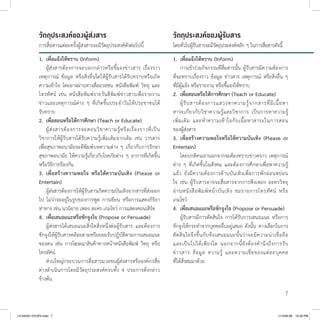 7
วัตถุประสงค์ของผู้ส่งสาร
การสื่อสารแต่ละครั้งผู้ส่งสารจะมีวัตถุประสงค์ดังต่อไปนี้
วัตถุประสงค์ของผู้รับสาร
โดยทั่วไปผู้รับสารจะมีวัตถุประสงค์หลัก ๆ ในการสื่อสารดังนี้
1.	 เพื่อแจ้งให้ทราบ (Inform)
	 ผู้ส่งสารต้องการจะบอกกล่าวหรือชี้แจงข่าวสาร เรื่องราว
เหตุการณ์ ข้อมูล หรือสิ่งอื่นใดให้ผู้รับสารได้รับทราบหรือเกิด
ความเข้าใจ โดยอาจผ่านทางสื่อมวลชน หนังสือพิมพ์ วิทยุ และ
โทรทัศน์ เช่น หนังสือพิมพ์รายวันตีพิมพ์ข่าวสารเพื่อรายงาน
ข่าวและเหตุการณ์ต่าง ๆ ที่เกิดขึ้นประจำ�วันให้ประชาชนได้
รับทราบ
2.	 เพื่อสอนหรือให้การศึกษา (Teach or Educate)
	 ผู้ส่งสารต้องการจะสอนวิชาความรู้หรือเรื่องราวที่เป็น
วิชาการให้ผู้รับสารได้รับความรู้เพิ่มเติมจากเดิม เช่น วารสาร
เพื่อสุขภาพอนามัยจะตีพิมพ์บทความต่าง ๆ เกี่ยวกับการรักษา
สุขภาพอนามัย ให้ความรู้เกี่ยวกับโรคภัยต่าง ๆ อาการที่เกิดขึ้น
หรือวิธีการป้องกัน
3.	 เพื่อสร้างความพอใจ หรือให้ความบันเทิง (Please or
Entertain)
	 ผู้ส่งสารต้องการให้ผู้รับสารเกิดความบันเทิงจากสารที่ส่งออก
ไป ไม่ว่าจะอยู่ในรูปของการพูด การเขียน หรือการแสดงกิริยา
ท่าทาง เช่น นวนิยาย เพลง ละคร เกมโชว์ การแสดงคอนเสิร์ต
4.	 เพื่อเสนอแนะหรือชักจูงใจ (Propose or Persuade)
	 ผู้ส่งสารได้เสนอแนะสิ่งใดสิ่งหนึ่งต่อผู้รับสาร และต้องการ
ชักจูงให้ผู้รับสารคล้อยตามหรือยอมรับปฏิบัติตามการเสนอแนะ
ของตน เช่น การโฆษณาสินค้าทางหน้าหนังสือพิมพ์ วิทยุ หรือ
โทรทัศน์
	 ส่วนใหญ่กระบวนการสื่อสารมวลชนผู้ส่งสารหรือองค์กรสื่อ
ต่างดำ�เนินการโดยมีวัตถุประสงค์ครบทั้ง 4 ประการดังกล่าว
ข้างต้น
1.	 เพื่อแจ้งให้ทราบ (Inform)
	 การเข้าร่วมกิจกรรมที่สื่อสารนั้น ผู้รับสารมีความต้องการ
ที่จะทราบเรื่องราว ข้อมูล ข่าวสาร เหตุการณ์ หรือสิ่งอื่น ๆ
ที่มีผู้แจ้ง หรือรายงาน หรือชี้แจงให้ทราบ
2.	 เพื่อสอนหรือให้การศึกษา (Teach or Educate)
	 ผู้รับสารต้องการแสวงหาความรู้จากสารที่มีเนื้อหา
สาระเกี่ยวกับวิชาความรู้และวิชาการ เป็นการหาความรู้
เพิ่มเติม และทำ�ความเข้าใจกับเนื้อหาสาระในการสอน
ของผู้ส่งสาร
3.	 เพื่อสร้างความพอใจหรือให้ความบันเทิง (Please or
Entertain)
	 โดยปกติคนเรานอกจากจะต้องทราบข่าวคราว เหตุการณ์
ต่าง ๆ ที่เกิดขึ้นในสังคม และต้องการศึกษาเพื่อหาความรู้
แล้ว ยังมีความต้องการด้านบันเทิงเพื่อการพักผ่อนหย่อน
ใจ เช่น ผู้รับสารอาจจะสื่อสารจากการฟังเพลง ละครวิทยุ
อ่านหนังสือพิมพ์หน้าบันเทิง ชมรายการโทรทัศน์ หรือ
เกมโชว์
4.	 เพื่อเสนอแนะหรือชักจูงใจ (Propose or Persuade)
	 ผู้รับสารมีการตัดสินใจ การได้รับการเสนอแนะ หรือการ
ชักจูงให้กระทำ�จากบุคคลอื่นอยู่เสมอ ดังนั้น ทางเลือกในการ
ตัดสินใจจึงขึ้นกับข้อเสนอแนะนั้นว่าจะมีความน่าเชื่อถือ
และเป็นไปได้เพียงใด นอกจากนี้ยังต้องคำ�นึงถึงการรับ
ข่าวสาร ข้อมูล ความรู้ และความเชื่อของแต่ละบุคคล
ที่ได้สั่งสมมาด้วย
_14-04(001-072)P4.indd 7 1/14/58 BE 10:20 PM
 