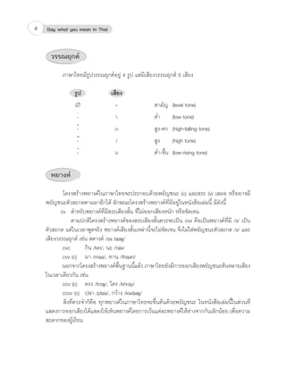 Say what you mean in Thai4
วรรณยุกต์
	 ภาษาไทยมีรูปวรรณยุกต์อยู่ 4 รูป แต่มีเสียงวรรณยุกต์ 5 เสียง
		
		 รูป	 เสียง
		 ∅	 –		สามัญ	 (level tone)
		 -่	 		ต�่ำ 	 (low tone)
		 -้	 ∧		สูง-ตก 	(high-falling tone)
		 -๊	 /		สูง 	 (high tone)
		 -๋	 ∨		ต�่ำ-ขึ้น 	(low-rising tone)
พยางค์
	 โครงสร้างพยางค์ในภาษาไทยจะประกอบด้วยพยัญชนะ (c) และสระ (v) เสมอ หรืออาจมี
พยัญชนะตัวสะกดตามมาอีกได้ ลักษณะโครงสร้างพยางค์ที่มีอยู่ในหนังสือเล่มนี้ มีดังนี้
	 cv 	 ส�ำหรับพยางค์ที่มีสระเสียงสั้น ที่ไม่ออกเสียงหนัก หรือชัดเจน
		 ตามปกติโครงสร้างพยางค์ของสระเสียงสั้นควรจะเป็น cv คือเป็นพยางค์ที่มี / / เป็น
ตัวสะกด แต่ในเวลาพูดจริง พยางค์เสียงสั้นเหล่านี้จะไม่ชัดเจน จึงไม่ใส่พยัญชนะตัวสะกด / / และ
เสียงวรรณยุกต์ เช่น สตางค์ /sa taa /
	 cvc		 กิน /kin/, นะ /ná /
	 cvv (c) 	 มา /maa/, ทาน /thaan/
	 นอกจากโครงสร้างพยางค์พื้นฐานนี้แล้ว ภาษาไทยยังมีการออกเสียงพยัญชนะต้นหลายเสียง
ในเวลาเดียวกัน เช่น
	 ccv (c) 	 ตรง /tro /, ใคร /khray/
	 ccvv (c) 	 ปลา /plaa/, กว้าง /kwâa /
	 สิ่งที่ควรจ�ำก็คือ ทุกพยางค์ในภาษาไทยจะขึ้นต้นด้วยพยัญชนะ ในหนังสือเล่มนี้ในส่วนที่
แสดงการออกเสียงได้แสดงให้เห็นพยางค์โดยการเว้นแต่ละพยางค์ให้ห่างจากกันเล็กน้อย เพื่อความ
สะดวกของผู้เรียน
 