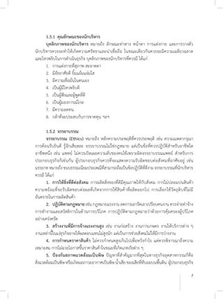 7
	 1.5.1 	คุณลักษณะของนักบริหาร
	 บุคลิกภาพของนักบริหาร หมายถึง ลักษณะท่าทาง หน้าตา การแต่งกาย และการวางตัว
นักบริหารควรจะท�ำให้เกิดความศรัทธาและน่าเชื่อถือ ในขณะเดียวกันควรจะมีความเฉลียวฉลาด
และไหวพริบในการด�ำเนินธุรกิจ บุคลิกภาพของนักบริหารที่ควรมี ได้แก่
	 1.	 การแต่งกายที่สุภาพ สะอาดตา
	 2. 	มีอัธยาศัยดี ยิ้มแย้มแจ่มใส
	 3. 	มีความเชื่อมั่นในตนเอง
	 4. 	เป็นผู้มีไหวพริบดี
	 5. 	เป็นผู้ฟังและผู้พูดที่ดี
	 6. 	เป็นผู้มองการณ์ไกล
	 7. 	มีความอดทน
	 8. 	กล้าที่จะประสบกับการขาดทุน ฯลฯ
	 1.5.2	จรรยาบรรณ
	 จรรยาบรรณ (Ethics) หมายถึง หลักความประพฤติที่ควรประพฤติ เช่น ความเมตตากรุณา
การต้อนรับยินดี รู้จักเสียสละ จรรยาบรรณไม่ใช่กฎหมาย แต่เป็นข้อที่ควรปฏิบัติส�ำหรับอาชีพใด
อาชีพหนึ่ง เช่น แพทย์ ไม่ควรเปิดเผยความลับของคนไข้เพราะผิดจรรยาบรรณแพทย์ ส�ำหรับการ
ประกอบธุรกิจก็เช่นกัน ผู้ประกอบธุรกิจควรที่จะแสดงความรับผิดชอบต่อสังคมที่อาศัยอยู่ เช่น
มรรยาทหมายถึงขนบธรรมเนียมประเพณีที่สามารถถือเป็นข้อปฏิบัติที่ดีงามจรรยาบรรณที่นักบริหาร
ควรมี ได้แก่
	 1. 	การให้สิ่งที่ดีต่อสังคม การผลิตสิ่งของที่ดีมีคุณภาพให้กับสังคม การไม่ปลอมปนสินค้า
ความพร้อมที่จะรับผิดชอบต่อผลที่เกิดจากการใช้สินค้าที่ผลิตออกไป การเลือกใช้วัตถุดิบที่ไม่มี
อันตรายในการผลิตสินค้า
	 2. 	ปฏิบัติตามกฎหมาย เช่น กฎหมายแรงงาน ลดการเอารัดเอาเปรียบคนงาน ควรจ่ายค่าจ้าง
การท�ำงานและสวัสดิการในด้านการบริโภค การปฏิบัติตามกฎหมายว่าด้วยการคุ้มครองผู้บริโภค
อย่างเคร่งครัด
	 3. 	สร้างงานที่มีการจ้างแรงงานสูง เช่น งานก่อสร้าง งานการเกษตร งานให้บริการต่าง ๆ
งานเหล่านี้ในแง่ธุรกิจอาจให้ผลตอบแทนไม่สูงนัก แต่เป็นการช่วยสังคมไม่ให้มีการว่างงาน
	 4. 	การก�ำหนดราคาสินค้า ไม่ควรก�ำหนดสูงเกินไปเพื่อหวังก�ำไร แต่ควรพิจารณาถึงความ
เหมาะสม การไม่ฉวยโอกาสขึ้นราคาสินค้าในขณะที่เกิดเภทภัยต่าง ๆ
	 5. 	ป้องกันสภาพแวดล้อมเป็นพิษ ปัญหาที่ส�ำคัญมากที่สุดในทางธุรกิจอุตสาหกรรมก็คือ
สิ่งแวดล้อมเป็นพิษหรือเกิดมลภาวะอากาศเป็นพิษน�้ำเสียของเสียที่ทับถมบนพื้นดิน ผู้ประกอบธุรกิจ
 