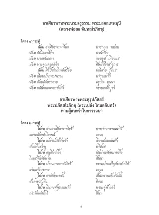 5
อาเศียรพาทพระบรมครูธรรม พระมงคลเทพมุนี
(หลวงพ่อสด จันทสโรภิกขุ)
โคลง ๔ กระทู้
		 น้อม อาเศียรพาทเพี้ยง	 	 พรรณนา  รสเฮย
	 น้อม ขับโคลงสี่พา	 	 พจน์พ้อง
	 น้อม บงกชมณฑา	 	 กอบธูป  เทียนแฮ
	 น้อม พระคุณครูคล้อง               	 	 ศิษย์ซ้องสาธุการ
		น้อม ศิลป์สานทิพย์สร้อย    	 	 มณีสาย  รุ้งแฮ
	 น้อม เลื่อมประพาฬพราย             	 	 พร่างแพร้ว
	 น้อม ถ้อยอักษรถวาย                	 	 ครูเทิด  ทูนนา
	 น้อม กลั่นกลอนกาพย์แก้ว	 	 กราบเกล้าบูชา
อาเศียรพาทพระคุรุปภัสสร์
พระปภัสสโรภิกขุ (พระเปล่ง โกมลจันทร์)
ท่านผู้แนะนำ�ในการรจนา
โคลง ๒ กระทู้
		โปรด อ่านอาเศียรพาทไซร้            		 พรพร่างพรรณนาไว้
	 แต่งคล้องค�ำโฆษณ์ 	 	 แลนา
		โปรด เปล่งปภัสสระจ้า                		 เรืองสกลกล่นฟ้า
	 ฝากพื้นชมพู	 	 ทวีปแฮ
		โปรด ดนูศิษย์เอื้อ                      	 ผันผ่านภัยหมายเกื้อ
	 กิเลสพ้นภัยพาล                                 	 สิ้นนา
		โปรด ปรานกรองกลั่นไซร้           	 	 ธรรมประเสริฐประสาทให้
	 แจ่มแจ้งบรรจง                                  	 แลนา
		โปรด คงอักขระครั้น                       	 เป็นเกราะแก้วมั่นนั้น
	 ส่งค�้ำขวัญคืน                             	 	 ยิ่งนา
		โปรด ยืนพงศ์พุทธแพร้ว                  	 พจนะคู่ฟ้าแล้ว
	 กว่าร้อยกัปทวี                                      	ปีนา                                        
 