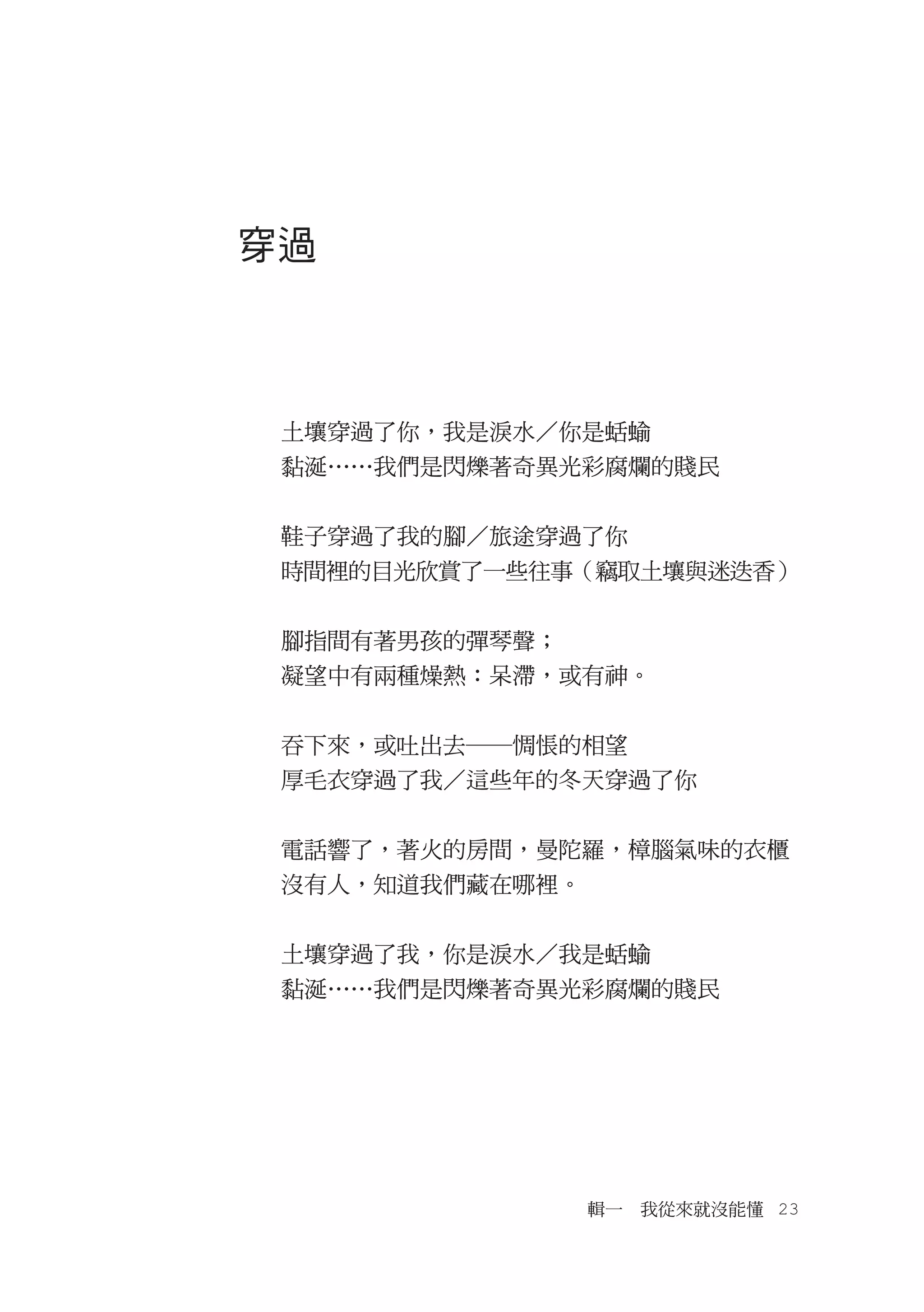 穿過



 土壤穿過了你，我是淚水／你是蛞蝓
 黏涎……我們是閃爍著奇異光彩腐爛的賤民


 鞋子穿過了我的腳／旅途穿過了你
 時間裡的目光欣賞了一些往事（竊取土壤與迷迭香）


 腳指間有著男孩的彈琴聲；
 凝望中有兩種燥熱：呆滯，或有神。


 吞下來，或吐出去―惆悵的相望
 厚毛衣穿過了我／這些年的冬天穿過了你


 電話響了，著火的房間，曼陀羅，樟腦氣味的衣櫃
 沒有人，知道我們藏在哪裡。


 土壤穿過了我，你是淚水／我是蛞蝓
 黏涎……我們是閃爍著奇異光彩腐爛的賤民




                 輯一　我從來就沒能懂　23
 
