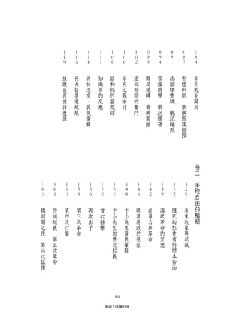 1               1               1               1                1                 1               1               0               0               0               0               0
                 1               1               1               1                0                 0               0               9               9               9               8               8
                　9              　6              　4              　1               　8                　6              　2              　9              　4              　1              　7              　4
                　               　               　               　                　                 　               　               　               　               　               　               　
                        就               代               共               知                談                 辛               退               戰               苦               馮               登               辛
                        職               表               和               識                和                 亥               卻               局               撐               國               壇               亥
                        宣               投               之               界                條                 之               期               逆               待               璋               拜               戰
                        言               票               來               的                件                 戰               間               轉               變               焚               將               爭
                        披               選               ，               反                甚                 檢               的       　               　                       城       　                       開
                        肝               總               民               應                荒                 討               奮               黃               戰       　                       黃               局
                        瀝               統               氣                                謬                                 鬥               興               況               戰               興
                        膽                               復                                                                                  南               膠               況               蒞
                                                        蘇                                                                                  撤               著               趨               漢
                                                                                                                                                                           烈               指
                                                                                                                                                                                           揮




                                                                                                                                                                                                               卷
                                                                                                                                                                                                               二
                                                                                                                                                                                                       　
                                                                                                                                                                                                               爭
 1       1           1               1               1               1                1                 1               1               1               1               1               1
 6       6           6               5               5               5                5                 4               4               4               3               3               2                      取
　3      　1          　0              　8              　6              　5               　3                　8              　6              　2              　9              　5              　9                      自
　       　           　               　               　               　                　                 　               　               　               　               　               　                       由
    鎮       防               第               第               再               首                中                 中               晚               非               湯               僵               清               的
    南       城               四               三               次               次                山                 山               清               暴               武               死               末               樞
    關       起               次               次               出               撞                先                 先               惡               力               革               的               政               紐
    之       義               打               革               手               擊                生                 生               政               與               命               社               象
    役   　                   擊               命                                                的                 倫               的               革               的               會               再
　           第                                                                                歷                 敦               惡               命               至               有               認
    第       五                                                                                次                 蒙               症                               意               待               識
    六       次                                                                                起                 難                                                               標
    次       革                                                                                義                                                                                 本
    猛       命                                                                                                                                                                  皆
    撞                                                                                                                                                                          治




                                                                                             004

                                                                                革命！中國1911
 