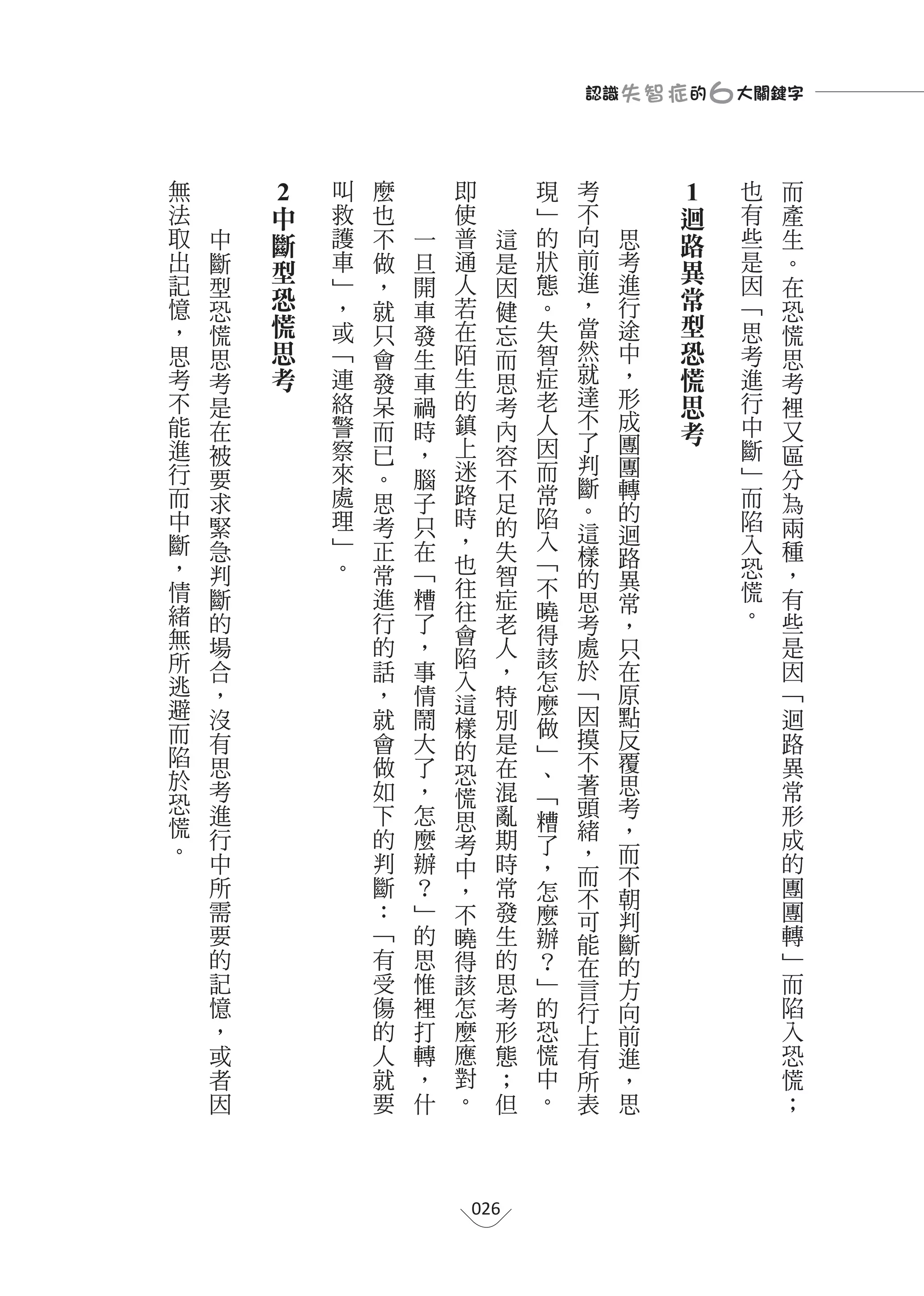 認識 失 智 症 的                   ６大關鍵字

無                        叫       麼       即             現   考                              也   而
法       2中                   救   也       使             ﹂   不       1迴                     有   產
取   中      斷                 護   不   一   普         這   的   向   思      路                   些   生
出   斷        型               車   做   旦   通         是   狀   前   考        異                 是   。
記   型                        ﹂   ，   開   人         因   態   進   進                          因   在
憶              恐             ，           若             。   ，   行          常               ﹁
    恐                            就   車             健                                          恐
，   慌            慌           或   只   發   在         忘   失   當   途            型             思   慌
思   思              思         ﹁   會   生   陌         而   智   然   中              恐           考   思
考   考                考       連   發   車   生         思   症   就   ，                慌         進   考
不   是                        絡   呆   禍   的         考   老   達   形                  思       行   裡
能                            警           鎮             人   不   成                          中
    在                            而   時             內       了   團                    考         又
進   被                        察   已   ，   上         容   因                                  斷   區
行                            來           迷             而   判   團                          ﹂
    要                            。   腦             不       斷   轉                              分
而   求                        處   思   子   路         足   常                                  而   為
中                            理           時             陷   。   的                          陷
    緊                            考   只             的       這   迴                              兩
斷   急                        ﹂   正   在   ，         失   入                                  入   種
                             。           也             ﹁   樣   路
，   判                            常   ﹁             智       的                              恐   ，
情                                        往             不       異                          慌
    斷                            進   糟             症       思   常                              有
緒                                        往             曉                                  。
    的                            行   了   會         老   得   考   ，                              些
無   場                            的   ，             人       處   只                              是
所                                        陷             該
    合                            話   事   入         ，   怎   於   在                              因
逃   ，                            ，   情             特       ﹁   原                              ﹁
避                                        這             麼   因
    沒                            就   鬧   樣         別   做       點                              迴
而   有                            會   大             是       摸   反                              路
陷                                        的             ﹂   不   覆
    思                            做   了   恐         在   、                                      異
於   考                            如   ，             混       著   思                              常
恐                                        慌             ﹁   頭   考
    進                            下   怎   思         亂   糟                                      形
慌                                                          緒   ，
    行                            的   麼   考         期   了                                      成
。                                                          ，   而
    中                            判   辦   中         時   ，                                      的
                                 斷                         而   不
    所                                ？   ，         常   怎   不   朝                              團
    需                            ：   ﹂   不         發   麼   可   判                              團
    要                            ﹁   的   曉         生   辦   能   斷                              轉
    的                            有   思   得         的   ？   在   的                              ﹂
    記                            受   惟   該         思   ﹂   言   方                              而
    憶                            傷   裡   怎         考   的   行   向                              陷
    ，                            的   打   麼         形   恐   上   前                              入
    或                            人   轉   應         態   慌   有   進                              恐
    者                            就   ，   對         ；   中   所   ，                              慌
    因                            要   什   。         但   。   表   思                              ；




                                             026
 