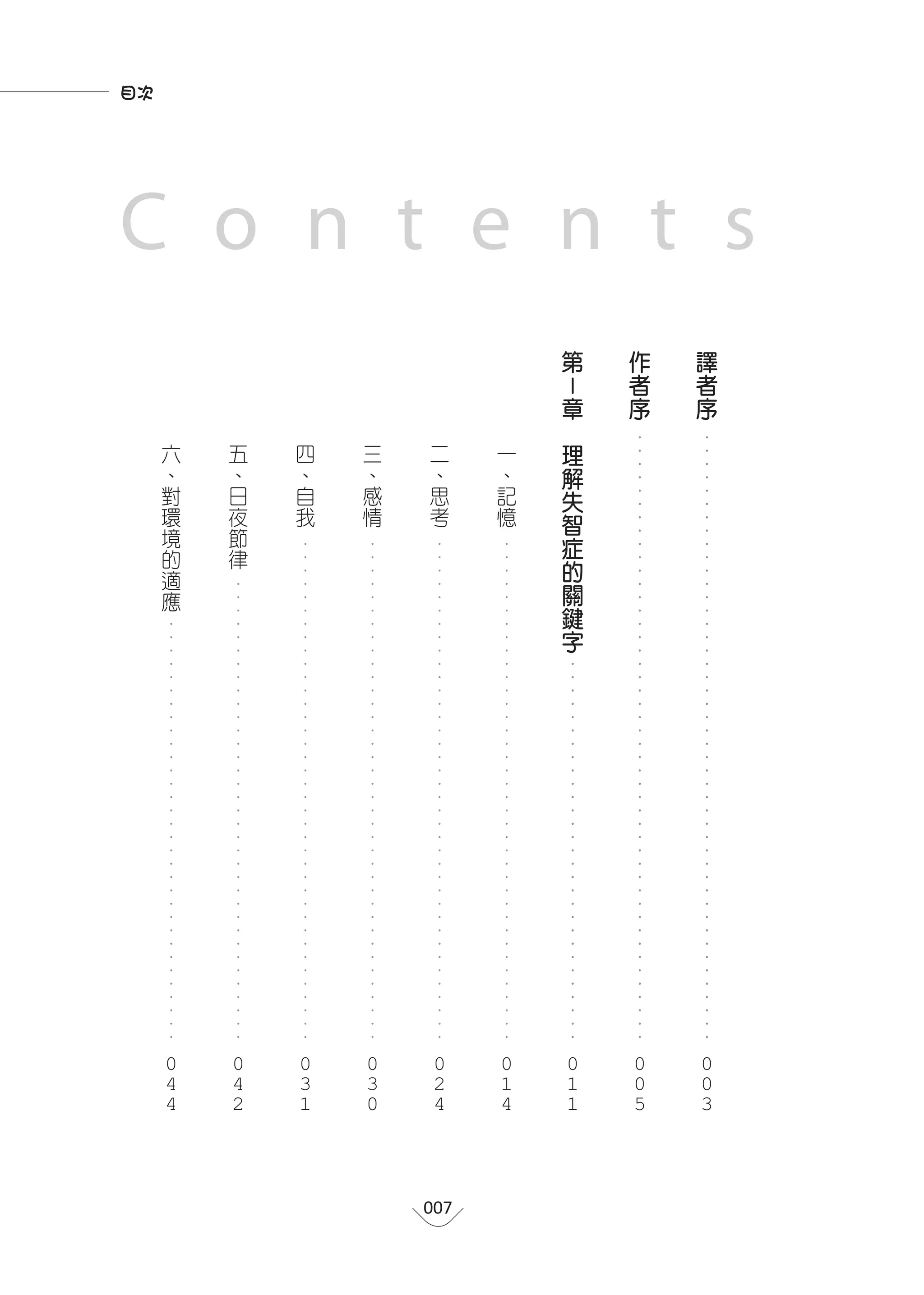 C o n t e n t s




                                ‧ ‧‧‧‧‧‧‧‧‧‧‧‧‧‧‧‧‧‧‧‧‧‧‧‧‧‧‧‧‧‧‧‧‧‧‧‧‧‧‧‧‧‧‧‧‧‧




                                                                                            0
                                                                                            0
                                                                                            3
                       譯
                       者
                           序




                                ‧ ‧‧‧‧‧‧‧‧‧‧‧‧‧‧‧‧‧‧‧‧‧‧‧‧‧‧‧‧‧‧‧‧‧‧‧‧‧‧‧‧‧‧‧‧‧‧




                                                                                            0
                                                                                            0
                                                                                            5
                       作
                       者
                           序
                           Ⅰ




                                                           ‧‧‧‧‧‧‧‧‧‧‧‧‧‧‧‧‧‧‧‧‧‧‧‧‧‧‧‧‧‧




                                                                                            0
                                                                                            1
                                                                                            1
                       第

                            章

                                理
                                    解
                                     失
                                        智
                                            症
                                             的
                                                關
                                                    鍵
                                                     字
                            　


                                            ‧ ‧‧‧‧‧‧‧‧‧‧‧‧‧‧‧‧‧‧‧‧‧‧‧‧‧‧‧‧‧‧‧‧‧‧‧‧‧‧




                                                                                            0
                                                                                            1
                                                                                            4
                                一
                                 、
                                    記
                                        憶




                                                                                                007
                                            ‧ ‧‧‧‧‧‧‧‧‧‧‧‧‧‧‧‧‧‧‧‧‧‧‧‧‧‧‧‧‧‧‧‧‧‧‧‧‧‧




                                                                                            0
                                                                                            2
                                                                                            4
                                二
                                 、
                                    思
                                        考
                                            ‧ ‧‧‧‧‧‧‧‧‧‧‧‧‧‧‧‧‧‧‧‧‧‧‧‧‧‧‧‧‧‧‧‧‧‧‧‧‧‧




                                                                                            0
                                                                                            3
                                                                                            0
                                三
                                 、
                                    感
                                        情
                                            ‧ ‧‧‧‧‧‧‧‧‧‧‧‧‧‧‧‧‧‧‧‧‧‧‧‧‧‧‧‧‧‧‧‧‧‧‧‧‧‧




                                                                                            0
                                                                                            3
                                                                                            1
                                四
                                 、
                                    自
                                        我
                                                 ‧‧‧‧‧‧‧‧‧‧‧‧‧‧‧‧‧‧‧‧‧‧‧‧‧‧‧‧‧‧‧‧‧‧‧‧




                                                                                            0
                                                                                            4
                                                                                            2
                                五
                                 、
                                    日
                                        夜
                                         節
                                            律
                                                        ‧‧‧‧‧‧‧‧‧‧‧‧‧‧‧‧‧‧‧‧‧‧‧‧‧‧‧‧‧‧‧‧‧




                                                                                            0
                                                                                            4
                                                                                            4
                                六
                                 、
                                    對
                                        環
                                         境
                                            的
                                                適
                                                 應
目次
 