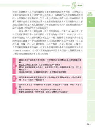 Chapter
                                                        5   礦物質



              功能，含鐵酵素可以合成保護神經外圍的髓鞘與神經傳導物質，尤其嬰幼兒                        微量
              正處於腦部細胞需要快速增生和分化的階段，若缺鐵的話將會影響腦神經功                       礦物質
              能，心智發展也會明顯較差。另外，鐵也可以強化免疫功能，免疫細胞能利
                                                                         鐵
              用含鐵酵素合成殺菌用的自由基，並激發細胞分泌激素，促進細胞增生以增
              加免疫細胞的數量，尤其對於抵抗力較弱的嬰幼兒來說，適當補充鐵質能有
              助於降低其上呼吸道與消化道的感染率。
                     一般成人體內血紅素的含量，男性標準值為每一百毫升13∼18公克，女                   鉻
              性受月經和懷孕影響，血紅素較低，正常值為每一百毫升12∼16公克，低於
              標準即為貧血，高於標準則稱為多血症。一般人細胞中若累積過多具有催化
              能力的自由鐵離子，會將過氧化氫轉為自由基使體內氧化作用過度，容易造                          銅
              成心臟、肝臟、內分泌及關節損傷，以及性無能、不孕、糖尿病、心臟病、
              骨質疏鬆及肝臟疾病等病症。而先天患有隱性基因遺傳性疾病鐵色素沉著症
               （hemochromatosis）者，因為對鐵的吸收率高於常人四倍，大量鐵質沉積於
                                                                         鈷
              身體組織將更嚴重地破壞組織正常功能。

                     • 建構紅血球中血紅素的基本原料，可與氧氣結合協助體內二氧化碳和氧氣的運
                 主     輸。                                                碘
                 要
                 功   • 製造肌紅素的主要元素，以儲存氧氣於肌肉中供利用。
                 能   • 體內含鐵酵素的重要組成成分，能增進氧化代謝，促進細胞激素分泌，提升人
                       體免疫力。
                     • 保護腦神經系統，促進腦部細胞增生，維持嬰幼兒腦部發育。                       鉬
                 過
                 多   • 服用過量鐵劑或是基因遺傳性疾病，造成過多鐵質累積在組織中，造成內臟損
                       傷、不孕、心臟病、骨質疏鬆等。
                                                                         硒
                     • 造成血紅素不足，引發缺鐵性貧血症狀，如臉色蒼白、疲倦、暈眩、食慾不
                       佳。
                     • 影響腦部細胞增生與分化，導致嬰幼兒腦部發育遲緩。
                     • 影響免疫細胞增生，免疫力下降，容易引發嬰幼兒呼吸道感染。
                                                                         鋅




                                                                         氟




                                                                         錳




                                                                      205




204-247-圖解營養全書-ch5-2.indd 205                                     2012/6/21 上午10:48
 