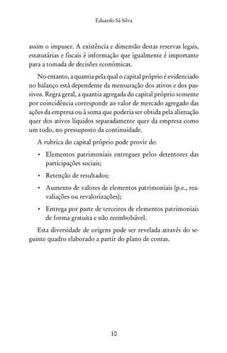 Eduardo Sá Silva
10
assim o impuser. A existência e dimensão destas reservas legais,
estatutárias e fiscais é informação que igualmente é importante
para a tomada de decisões económicas.
No entanto, a quantia pela qual o capital próprio é evidenciado
no balanço está dependente da mensuração dos ativos e dos pas-
sivos. Regra geral, a quantia agregada do capital próprio somente
por coincidência corresponde ao valor de mercado agregado das
ações da empresa ou à soma que poderia ser obtida pela alienação
quer dos ativos líquidos separadamente quer da empresa como
um todo, no pressuposto da continuidade.
A rubrica do capital próprio pode provir de:
•	 Elementos patrimoniais entregues pelos detentores das
participações sociais;
•	 Retenção de resultados;
•	 Aumento de valores de elementos patrimoniais (p.e., rea-
valiações ou revalorizações);
•	 Entrega por parte de terceiros de elementos patrimoniais
de forma gratuita e não reembolsável.
Esta diversidade de origens pode ser revelada através do se-
guinte quadro elaborado a partir do plano de contas.
 
